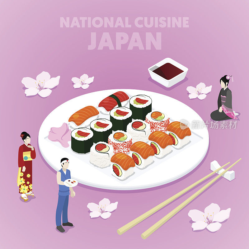 Isometric National Cuisine Japan with Sushi